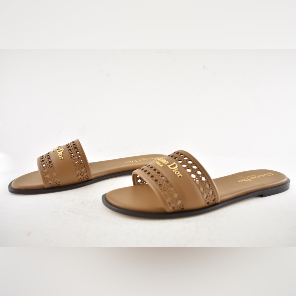 Dior D-Lane Dway Micro Cannage Chestnut Brown Leather Logo Slide Flat Sandal 39 - Picture 14 of 16